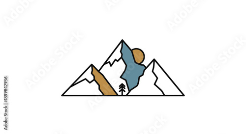 Minimalist Mountain Landscape Icon with Sun and Tree, Nature Adventure Concept, isolated white background.