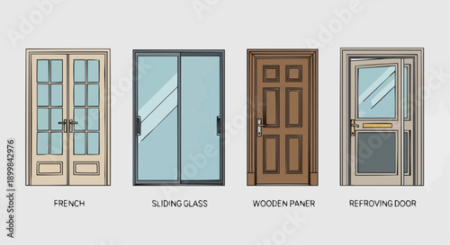 Various door designs including French, Sliding Glass, Wooden Panel, and Reinforced Door styles showcased in a flat illustration from a straight-on viewpoint