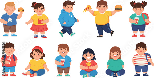 Cute Cartoon Children Eating Fast Food and Snacks Character Set Showing Happy Kids with Burgers, Pizza, Fries, Drinks, and Junk Food Illustrations