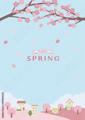 春の背景イラスト　桜と花びらと家のイラスト　バナー