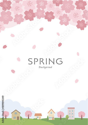 春の背景イラスト　桜と花びらと家のイラスト　バナー