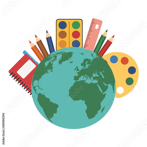 Earth globe surrounded by school supplies and colorful art materials  education concept