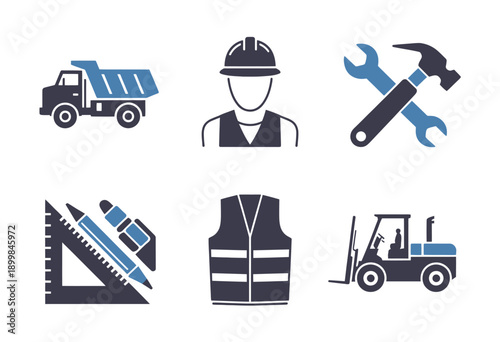 Construction industry icons with tools and worker safety equipment symbols