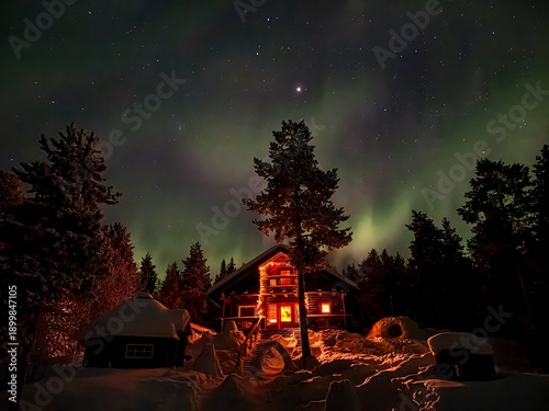 Cabin in the woods close to Ivalo, Lapland, Finland during Polar Night, North to the Arctic Circle during the natural phenomenon of Northern Lights in Winter