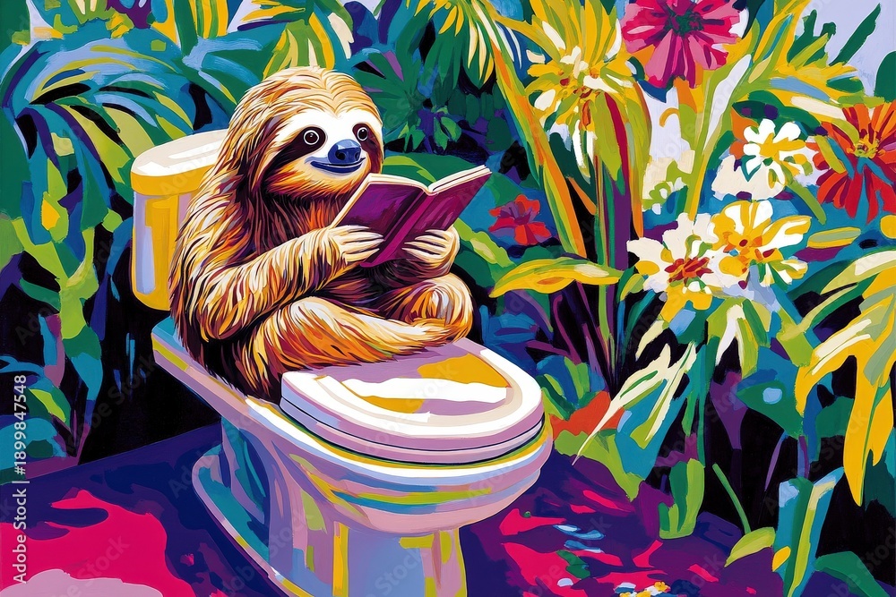 Fototapeta premium Sloth reading a book on a toilet in a colorful garden setting with flowers and plants around it