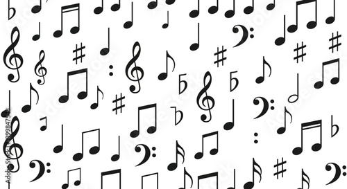 Musical notes scattered across white background creating a rhythmic pattern.