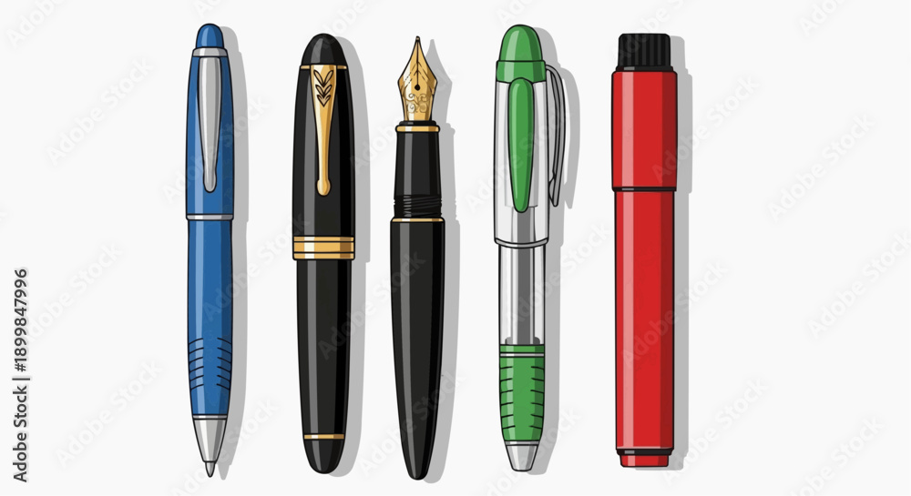 Fototapeta premium A collection of five pens with varying designs and colors displayed horizontally on a plain background from a front viewpoint