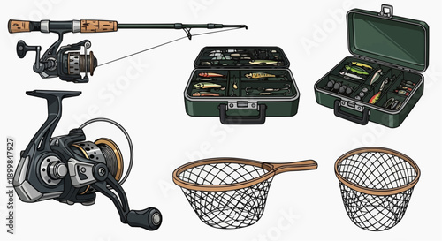 Fishing gear including rods, reels, tackle boxes, and nets displayed on a clean white background