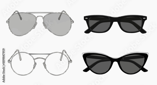 Collection of sunglasses with varying frame designs and shades displayed against a clean background from a straightforward viewpoint