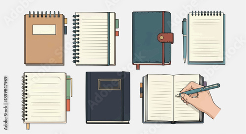 Collection of various notebooks and journals with a hand writing in one, showcasing different styles and designs