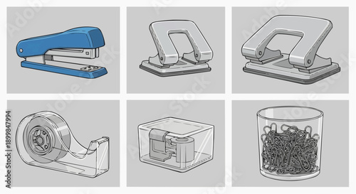 Various office staplers and staples depicted in multiple views and styles in a grid layout, showcasing different stapler designs and a container of staples.