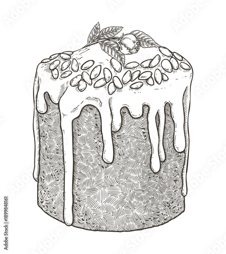 Easter cake icing with sugar. Vector outline illustration in vintage sketch style. Festive Kulich bakery with rose and almond. Hand drawn line artwork for holiday design. Spring cooking card template.