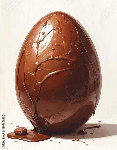 A large, glossy chocolate egg stands against a white backdrop. Dark, melted chocolate drips down its surface, puddling below