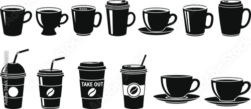 Coffee cup and mug silhouettes collection including takeaway cups, espresso mugs and cafe drink icons, black vector set for coffee shop branding, menus, packaging design