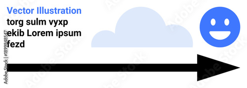 Direction, positivity, progress, communication, simplicity, goal achievement. Black arrow pointing toward smiling blue face, cloud in background. Direction and positivity concept
