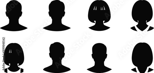Black avatar profile icons set featuring male and female user silhouettes for social media, account profiles, interface design, anonymity and identity concepts