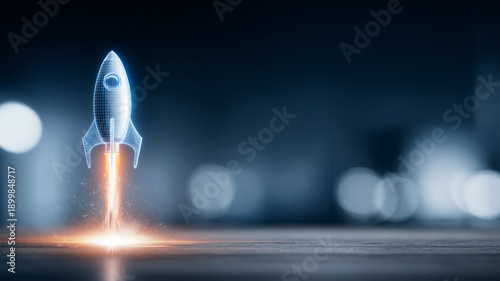 Wireframe rocket launching upward representing startup growth innovation and product launch momentum.
