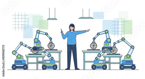 Automated manufacturing plant with a supervisor overseeing robotic arm operations for efficiency