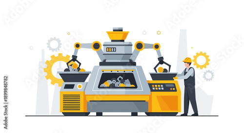 Automated manufacturing process with robot arms and factory worker illustration concept
