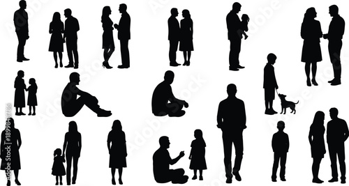 Black human silhouettes collection showing families couples children parents standing sitting walking isolated on white background for social lifestyle relationship concept illustration