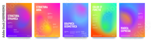 Color gradient backgrounds with neon light gradation circles and halftone grain noise, vector posters. Holographic iridescent neon colors blend of chromatic fluorescent transition mesh glow