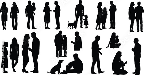 Black silhouette collection of people and families interacting, couples, parents with children, pets, conversations and daily activities isolated on white background for design use