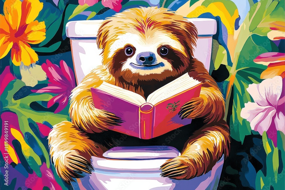 Fototapeta premium Sloth reading a book while sitting on a toilet in a colorful garden setting