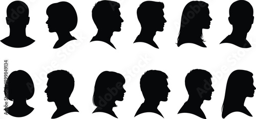Collection of diverse human head silhouettes in profile view, male and female faces, black vector icons set representing identity, diversity, anonymity, and social concepts