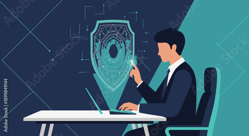 Business professional interacts with digital data shield cybersecurity network interface