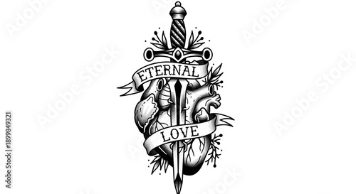 Eternal Love Dagger Through Heart Tattoo Design.