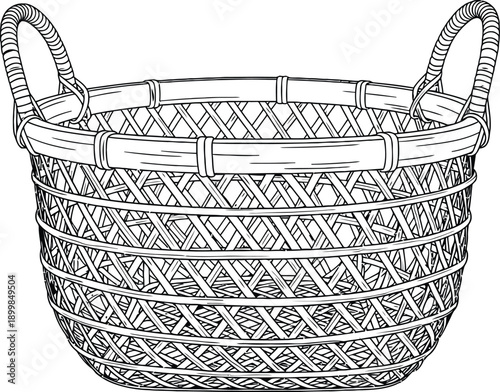 Empty wicker basket with woven pattern and handles, suitable for storage or carrying items