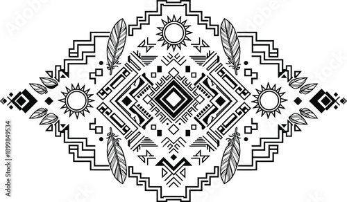Ethnic geometric pattern in tribal style with sun feathers and diamond shapes for textile and tattoo design art