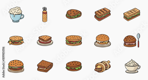 Assorted Fast Food and Desserts on Plates, A Variety of Burgers, Sandwiches, and Pastries, Flat Illustrations, Top-Down View