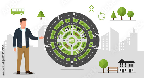 Circular green city planning illustration with pedestrian zones and public transport focus