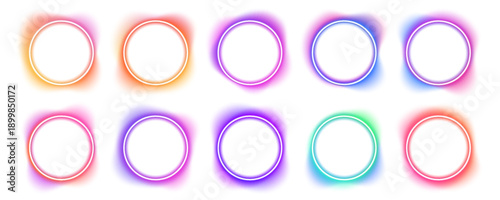 Colorful gradient circles blend softly with abstract neon light effects. Grain and noise textures add depth and vibrancy. Perfect for digital art designs PNG.