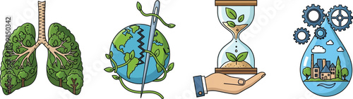 Set of four conceptual eco icons depicting green lungs, mended earth, growing plant in hourglass, and clean city