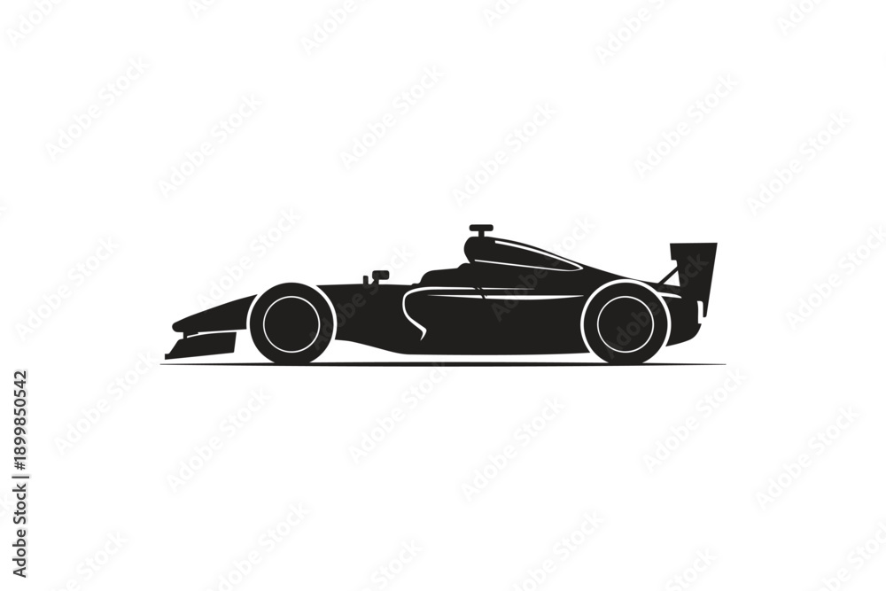 Fototapeta premium Detailed black silhouette of single-seater open-wheel racing car on white background, high-performance sports vehicle, aerodynamics in motion, professional motorsport