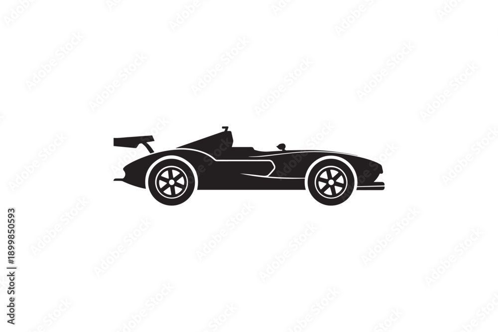 Fototapeta premium Sleek sports car silhouette with spoiler and racing wheels, black on white background, isolated vector illustration, represents speed and performance