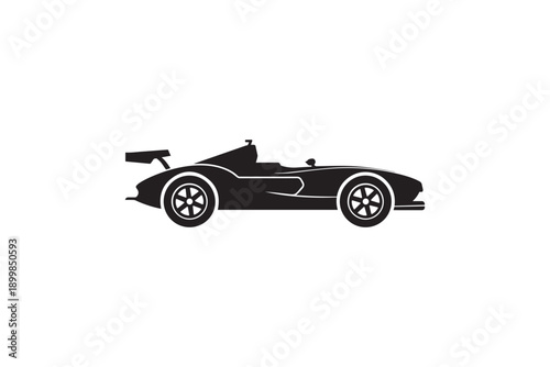 Sleek sports car silhouette with spoiler and racing wheels, black on white background, isolated vector illustration, represents speed and performance