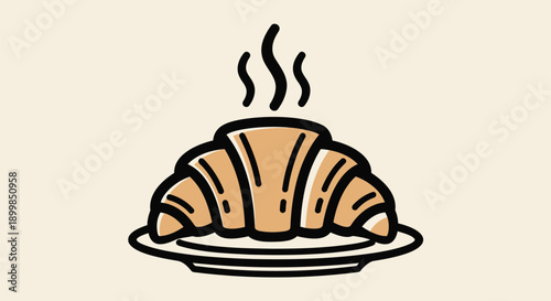 Vector illustration of a steaming hot croissant on a plate, for menu or bakery advertisement, Isolated on transparent background, png
