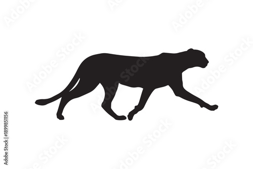 Black silhouette of a cheetah running at full speed on white background, sleek athletic animal representing agility and swiftness, dynamic motion