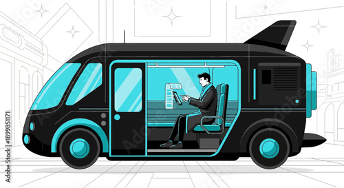 Conceptual illustration showcasing autonomous transportation with a businessman using a tablet