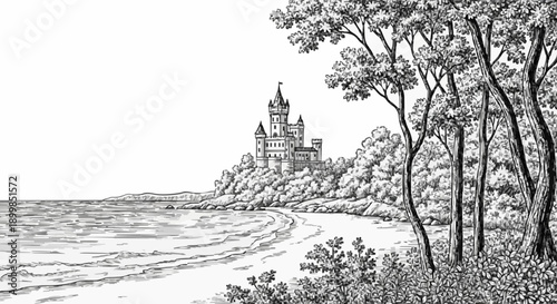 Porcelain design depicting a palace by the sea with dark grey colour