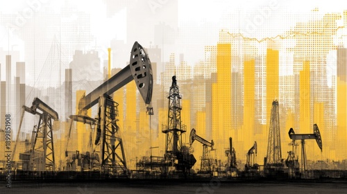 Industrial Oil Pump Jacks Silhouetted Against Abstract City Skyline with Yellow and Grey Color Palette