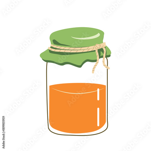 Glass Jar with Homemade Orange Juice and Reusable Fabric Cover in Minimal Flat Vector Style for Zero Waste Kitchen