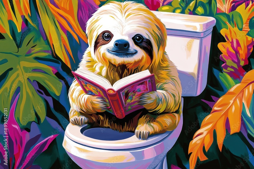 Fototapeta premium Sloth reading a book while sitting on a toilet in a colorful jungle setting during the day