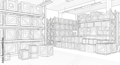 Warehouse storage boxes and shelves filled with goods and products.