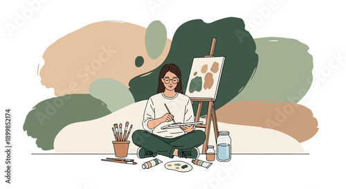 Creative Artist at Work: Illustration of a Woman Painting in a Relaxed Setting