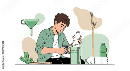 Creative hobbyist repurposing plastic waste for sustainable crafts and artistic endeavors