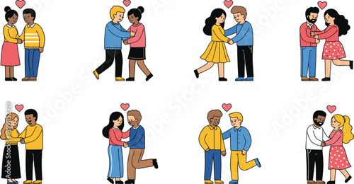 Cute Couple Character Vector Set with Diverse Loving Partners Hugging and Showing Affection in Romantic Flat Cartoon Illustration Style